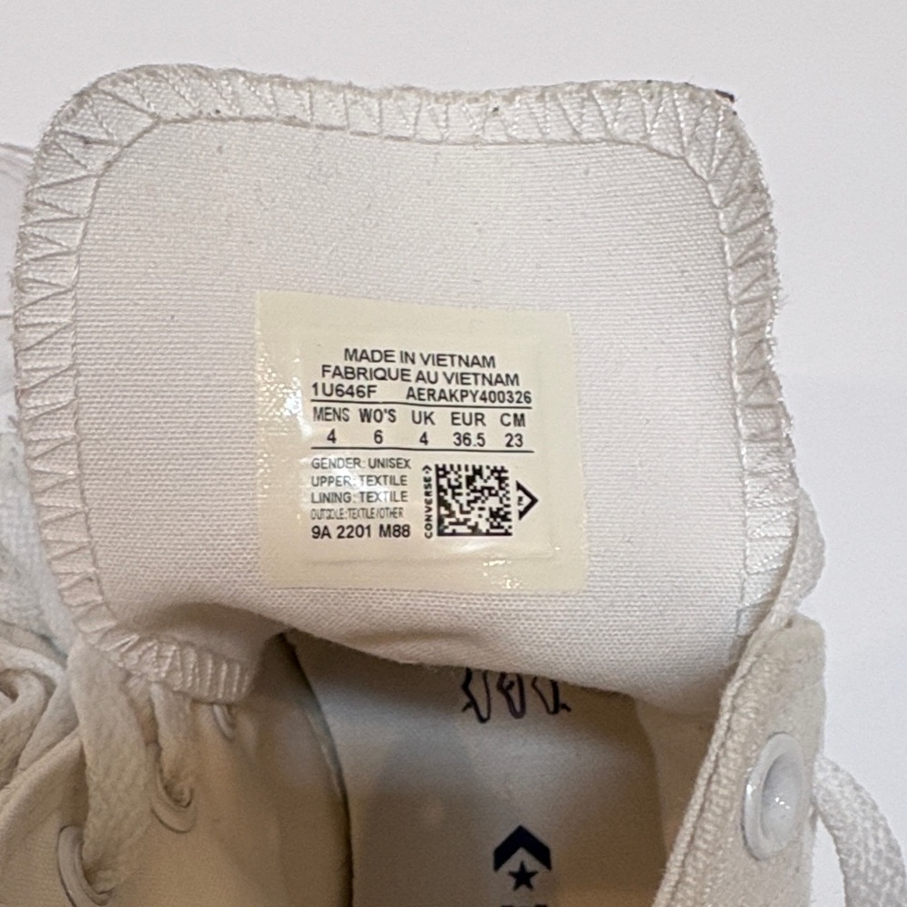 Converse White Monochrome High Top Canvas Sneakers, Size 6 - Picture 9 of 11